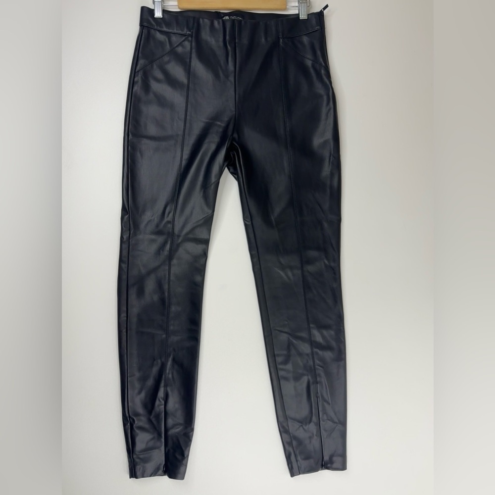 NWT Zara Faux Leather Ankle Zip Skinny Stretch Side Sip Pants Womens Large - Picture 2 of 9